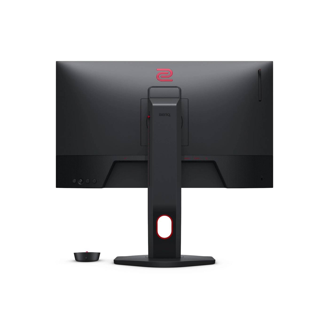 Parte trasera de un monitor con soporte. Negro con detalles rojos y un logo rojo.