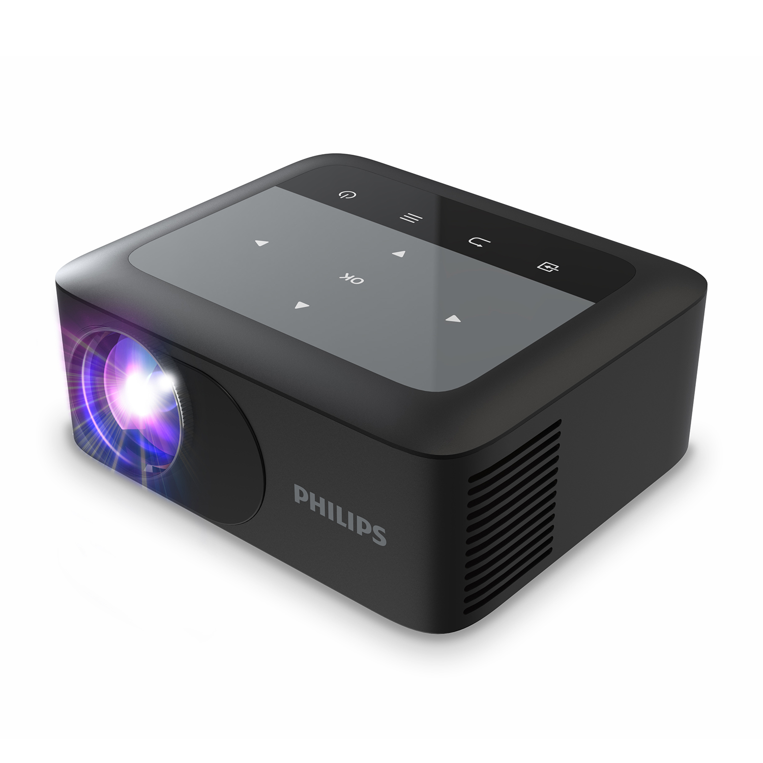 Proiettore nero con fascio di luce. Ha pulsanti e il logo Philips.