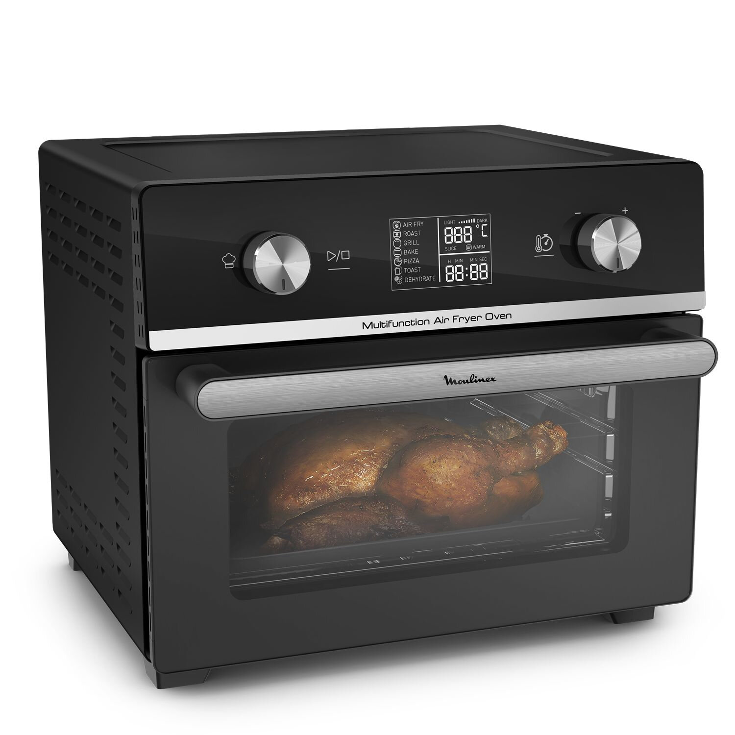 Four friteuse à air noir avec un poulet à l'intérieur. Le panneau de commande et la poignée sont visibles. Vue isométrique.