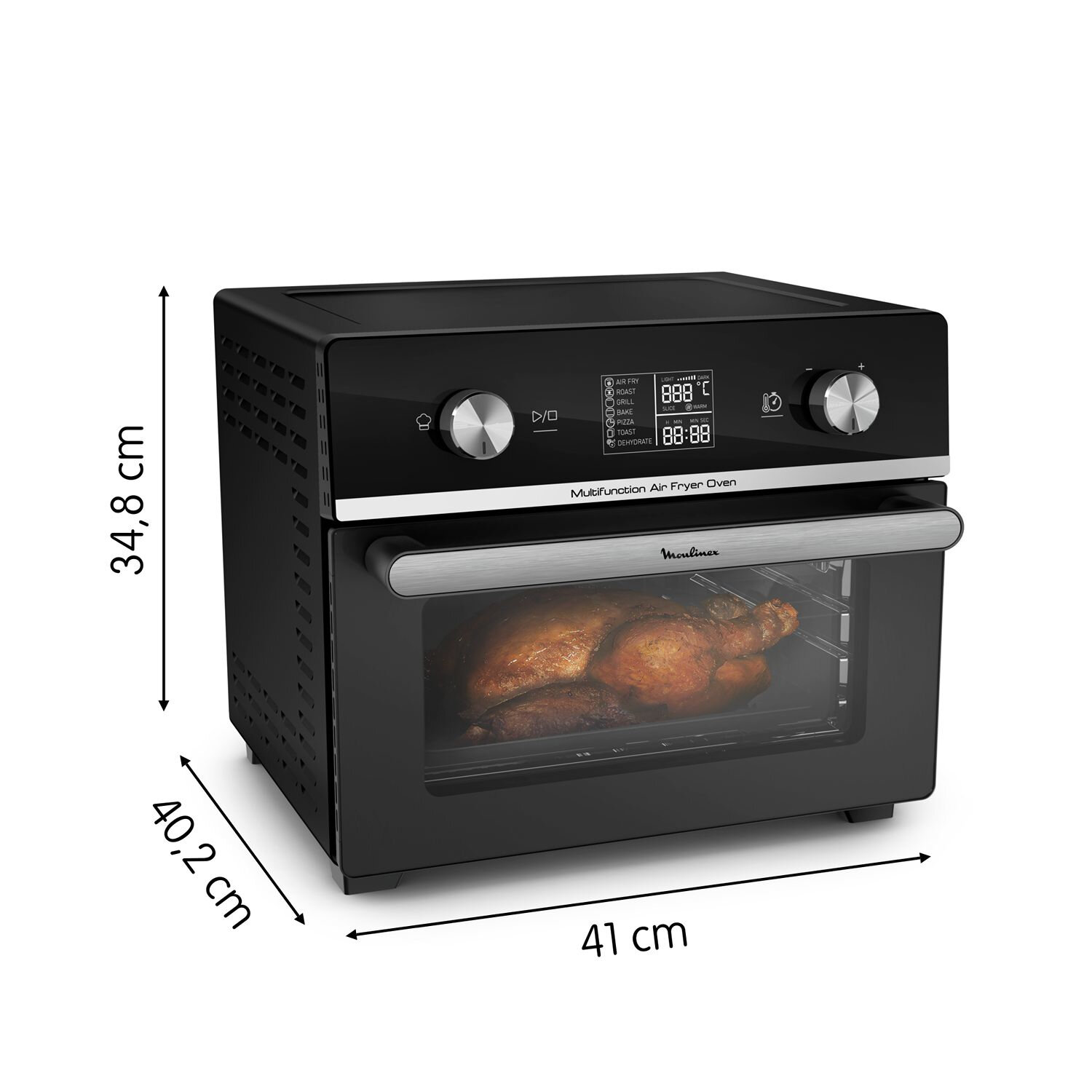 Four friteuse à air noir avec dimensions indiquées. Comprend un poulet rôti.