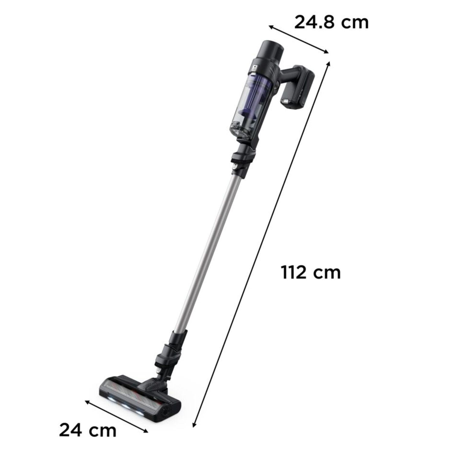 Vacuum cleaner with a long handle, and black and silver body, with dimensions.