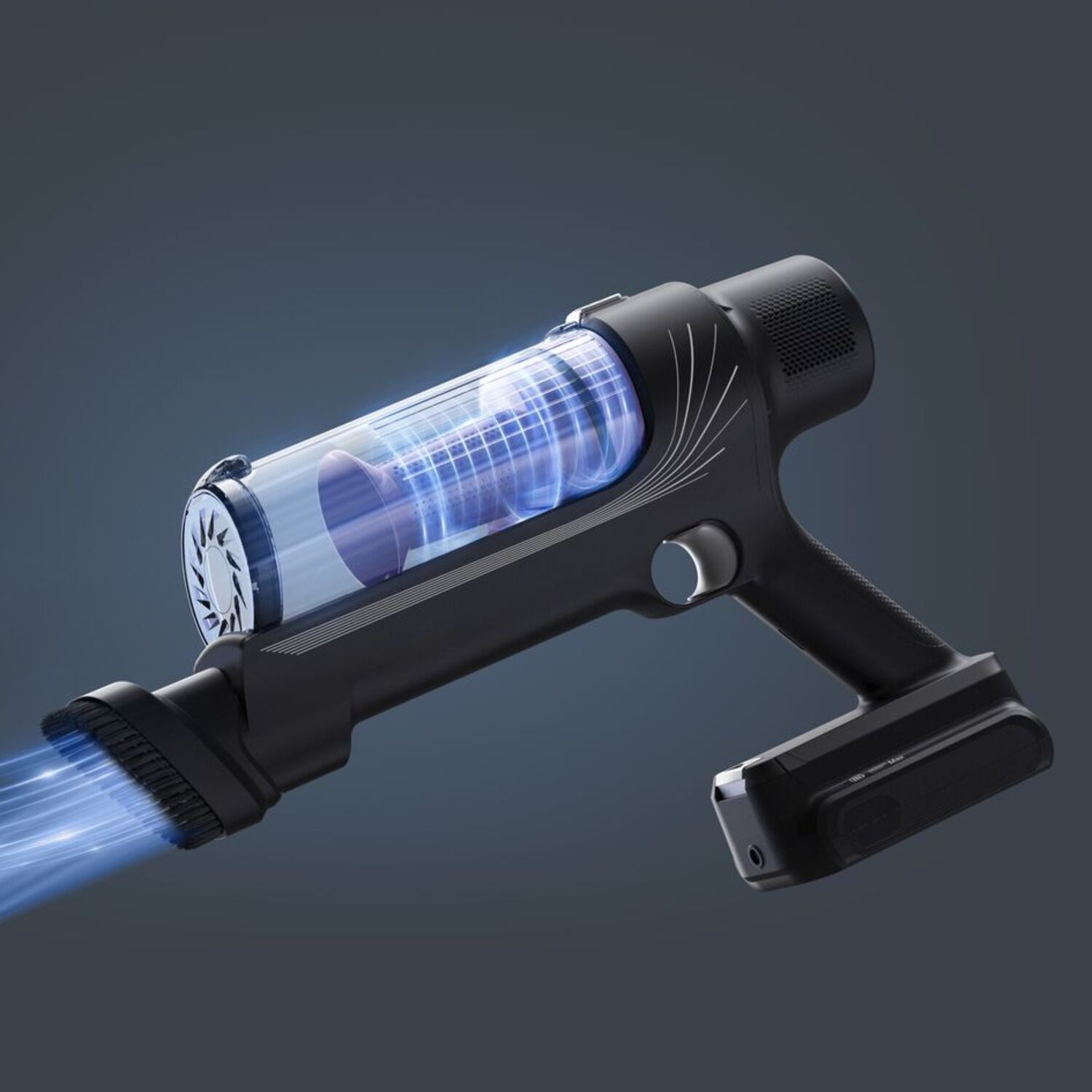 A black cordless vacuum cleaner with a transparent tube, showing a blue swirling effect.