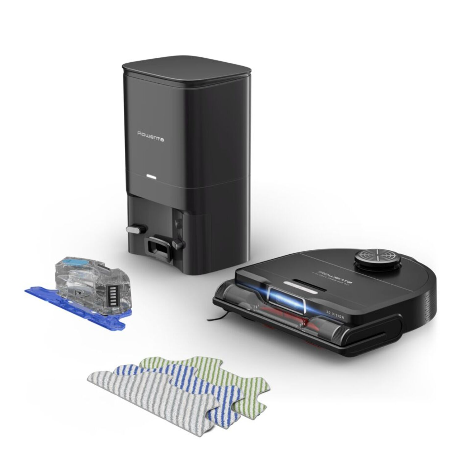 Robot vacuum cleaner, charging station, water tank, and cleaning pads.