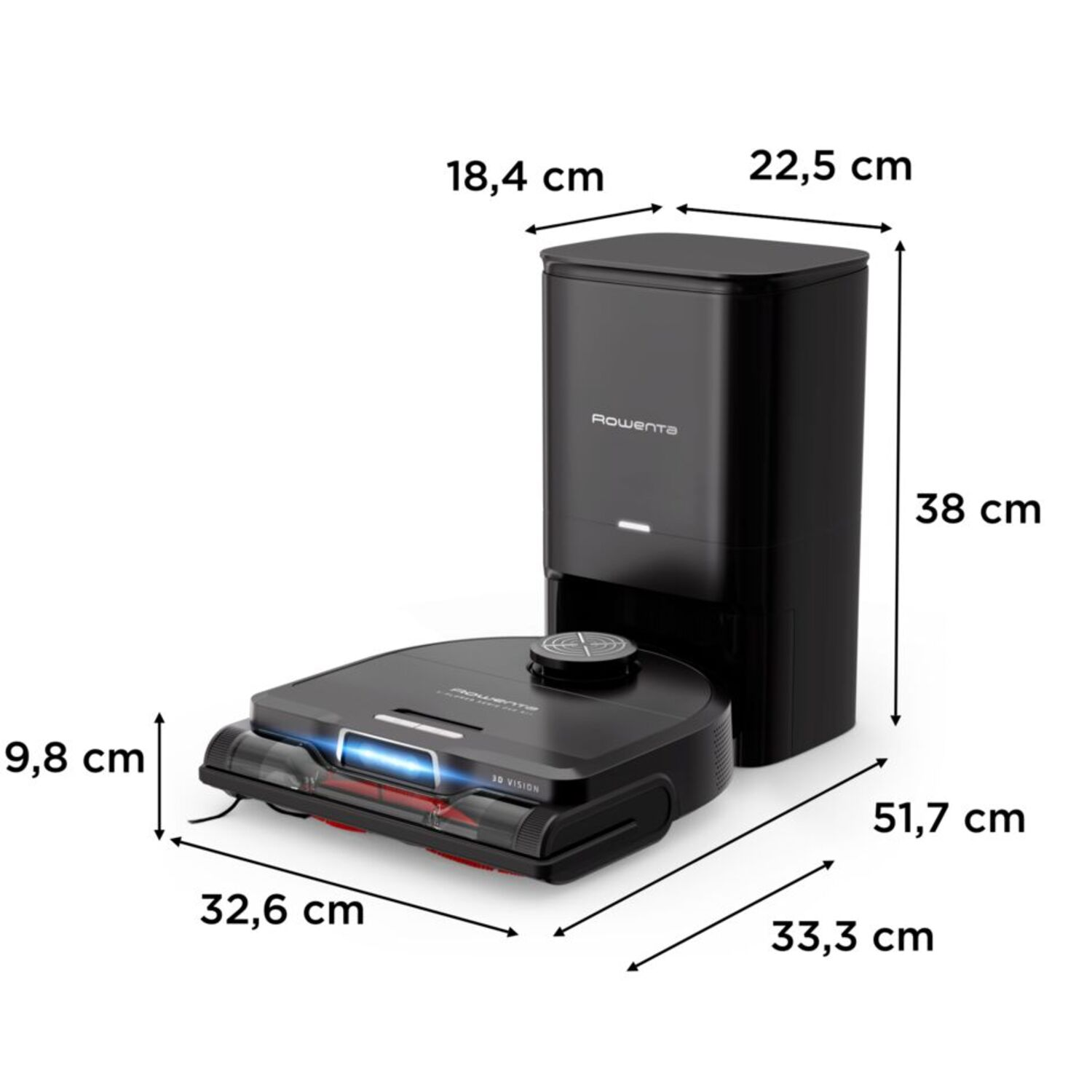 Black Rowenta robot vacuum cleaner with its charging station, dimensions labeled.