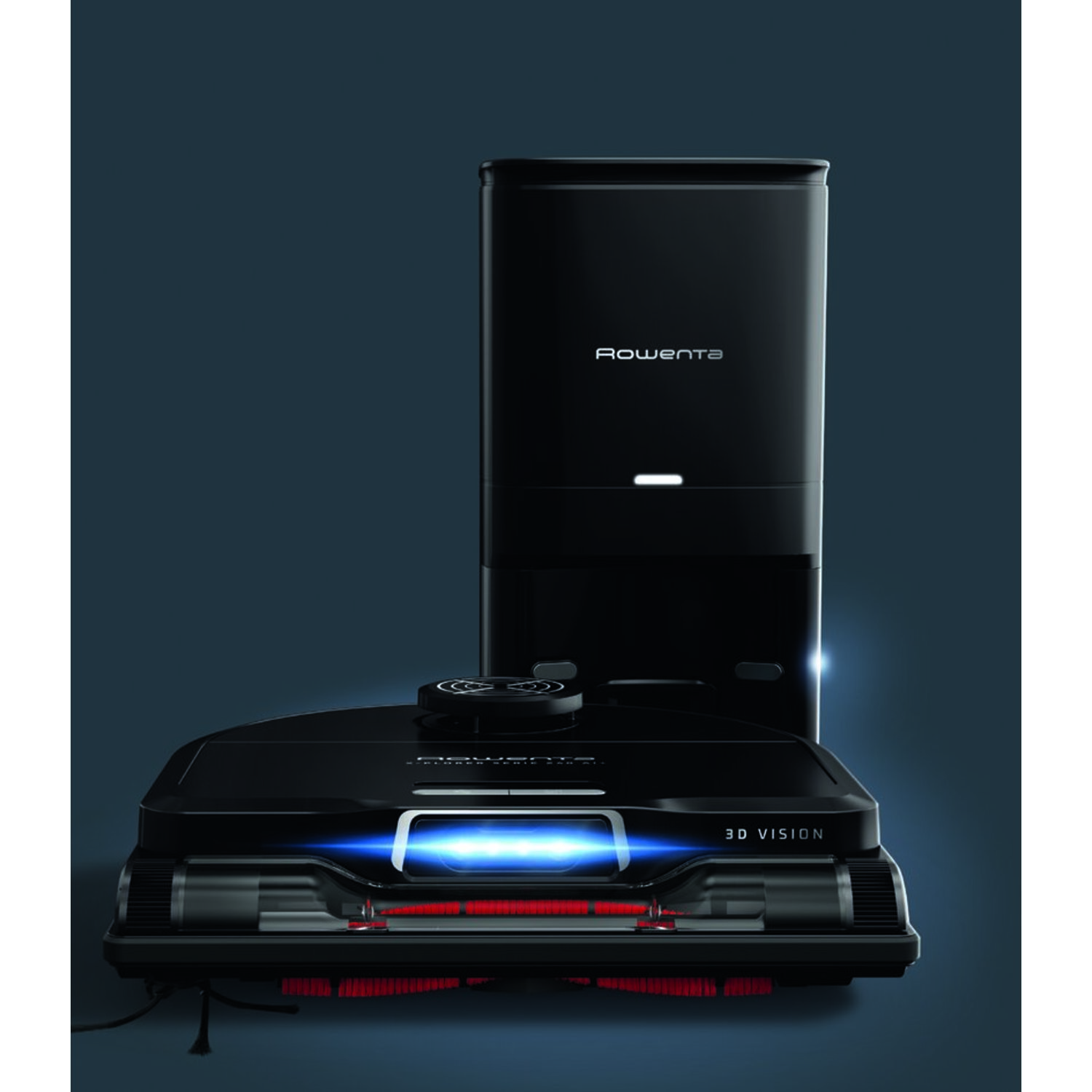 A black robot vacuum cleaner with a charging station. The cleaner has a blue light.