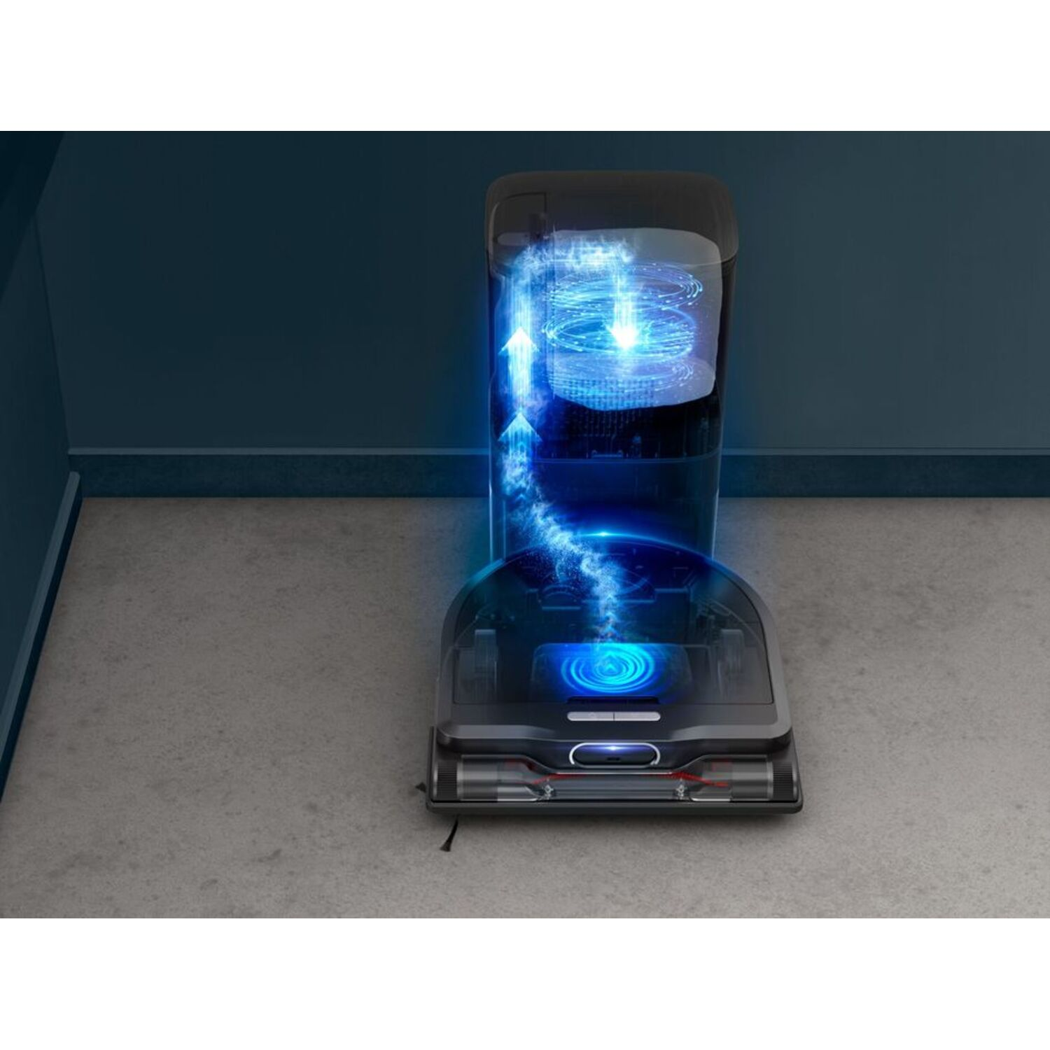 A vacuum cleaner with a transparent section, showing the inner workings, on a gray floor.