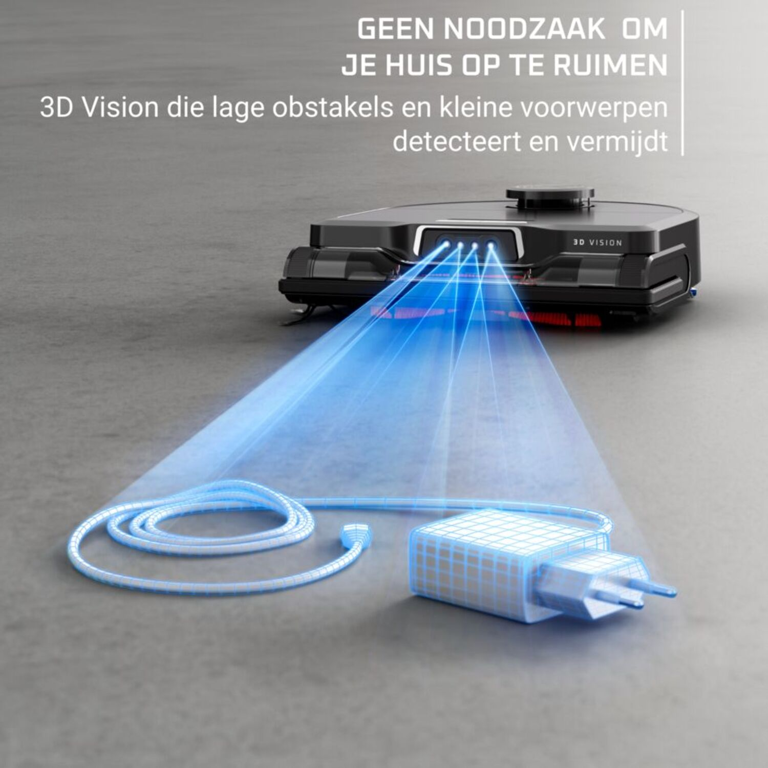 Robot vacuum cleaner with blue light beams and a charging station.