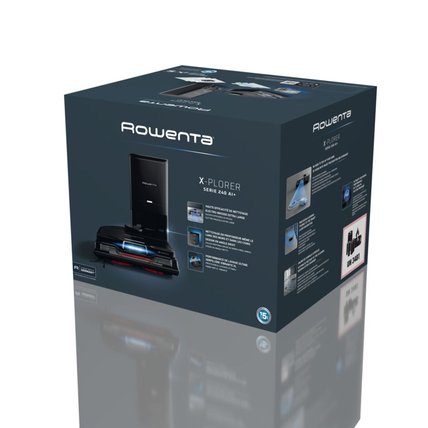 A box of a vacuum cleaner, with product images and text on its sides.