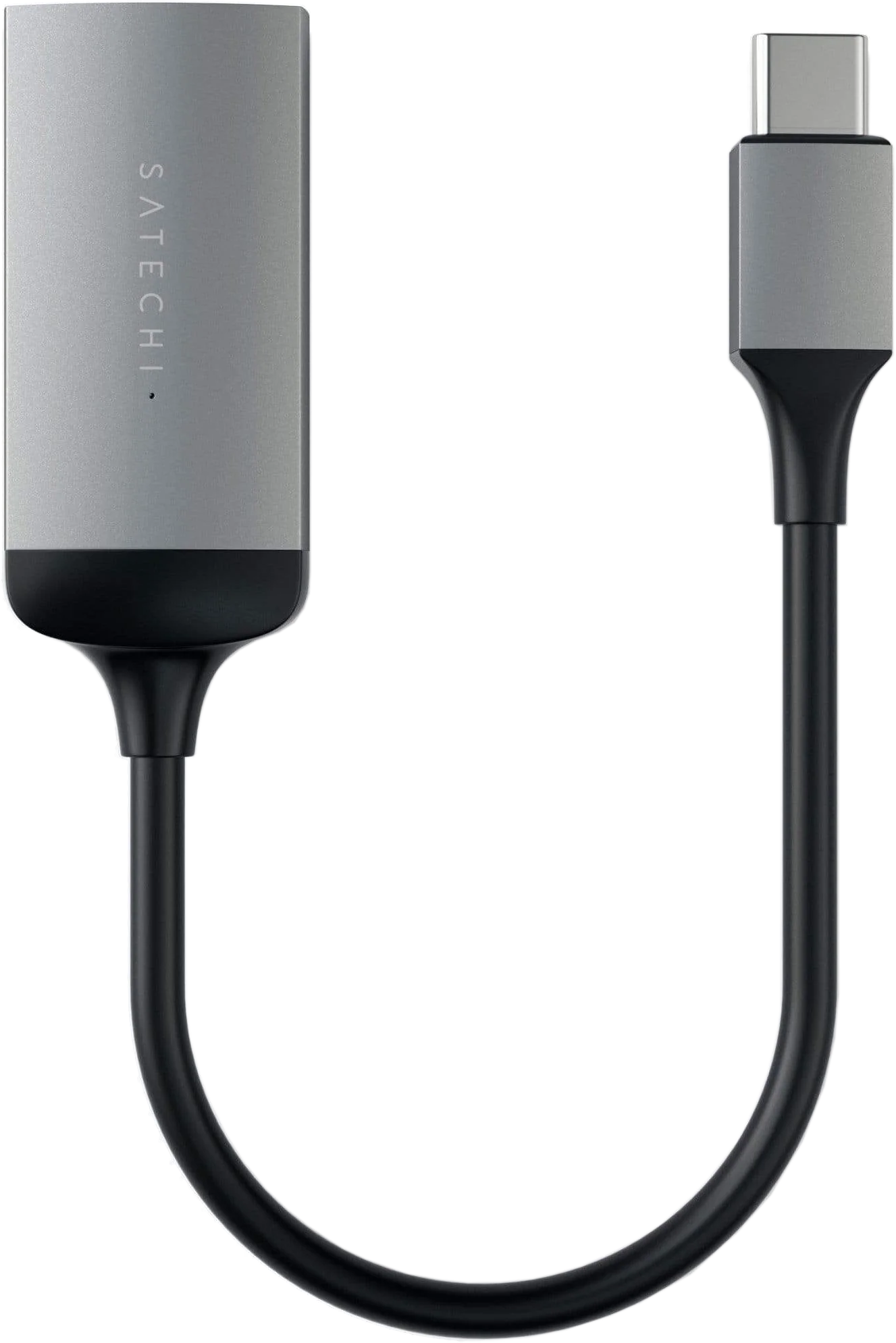 Egy ezüst Satechi adapter USB-C-vel és USB-C kábellel. Az adapter fekete.