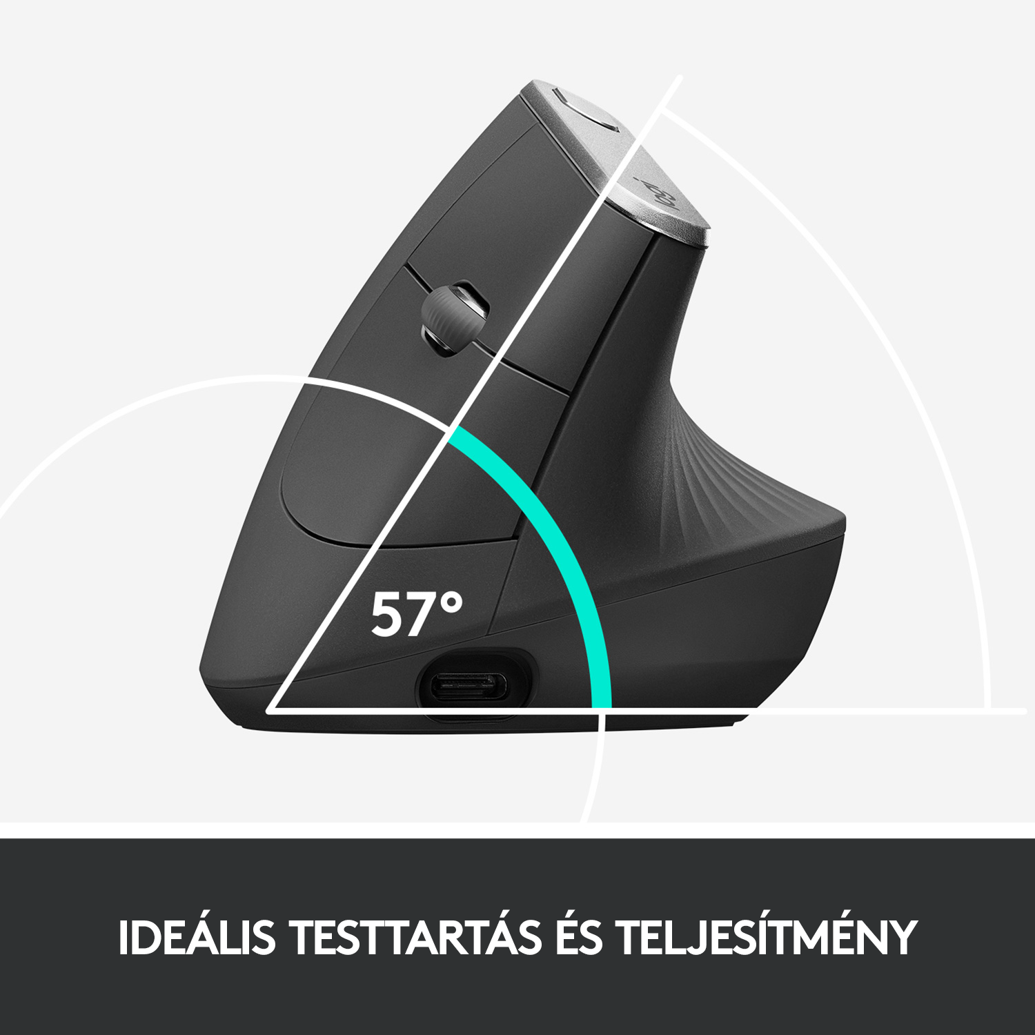 Fekete ergonomikus egér 57 fokos szögdiagrammal. A szöveg: 'IDEÁLIS TESTTARTÁS ÉS TELJESÍTMÉNY'.