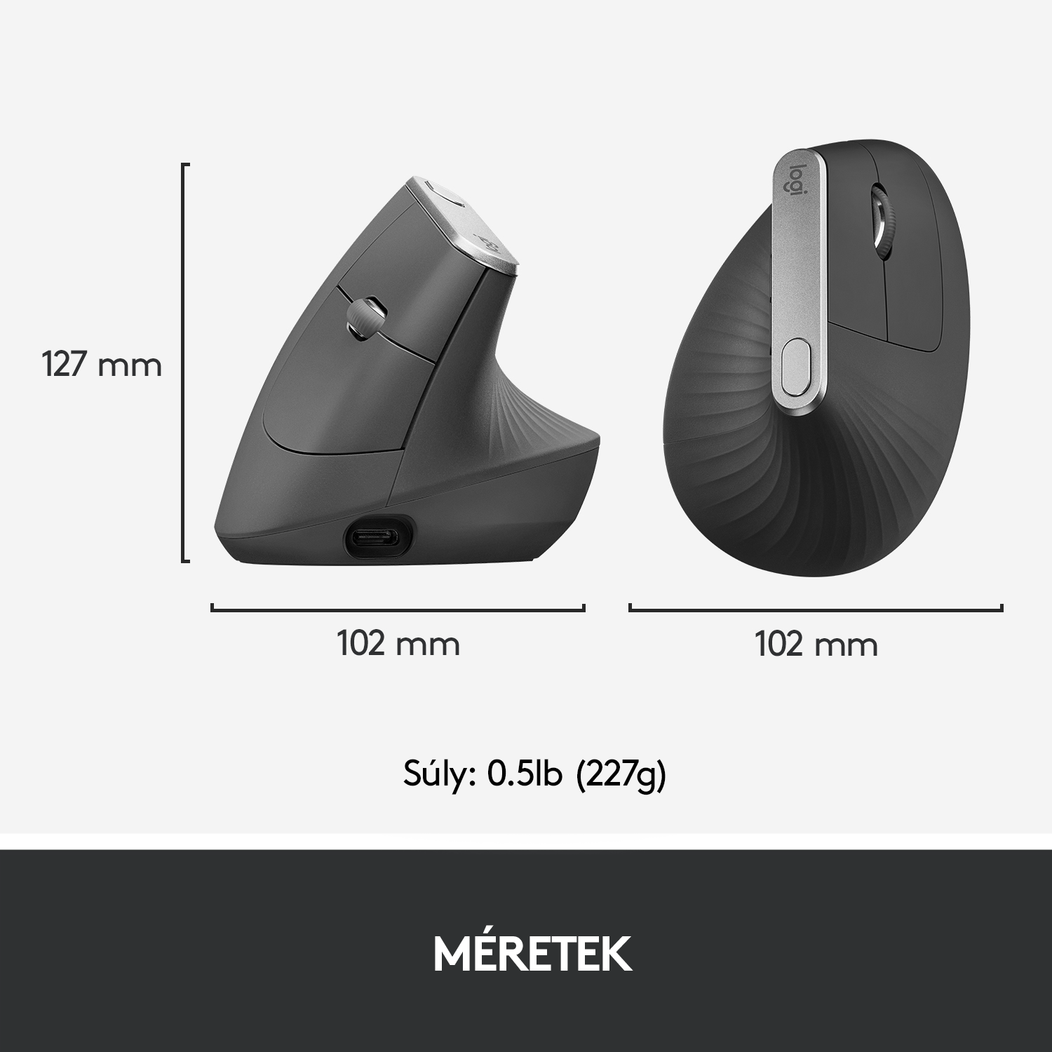 Fekete ergonomikus egér méretekkel. Bal oldali nézet, oldalsó nézet és méret részletek adottak.