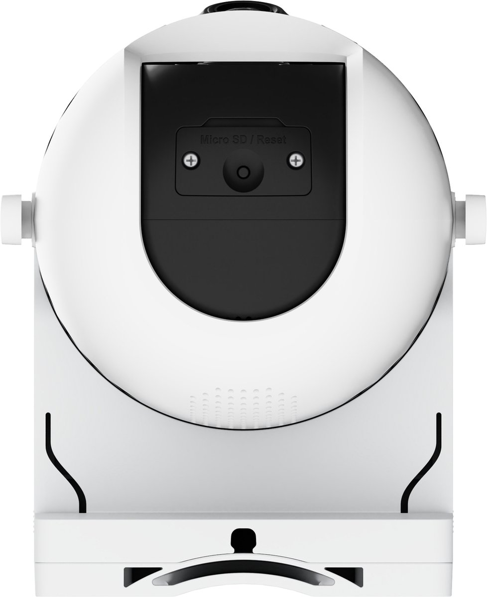 Una cámara de seguridad blanca con panel frontal negro, mostrando Micro SD y botón de reinicio.