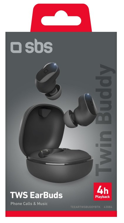 Czarne słuchawki SBS Twin Buddy i etui ładujące. Tekst wyświetla "TWS EarBuds" i "4h Playback".