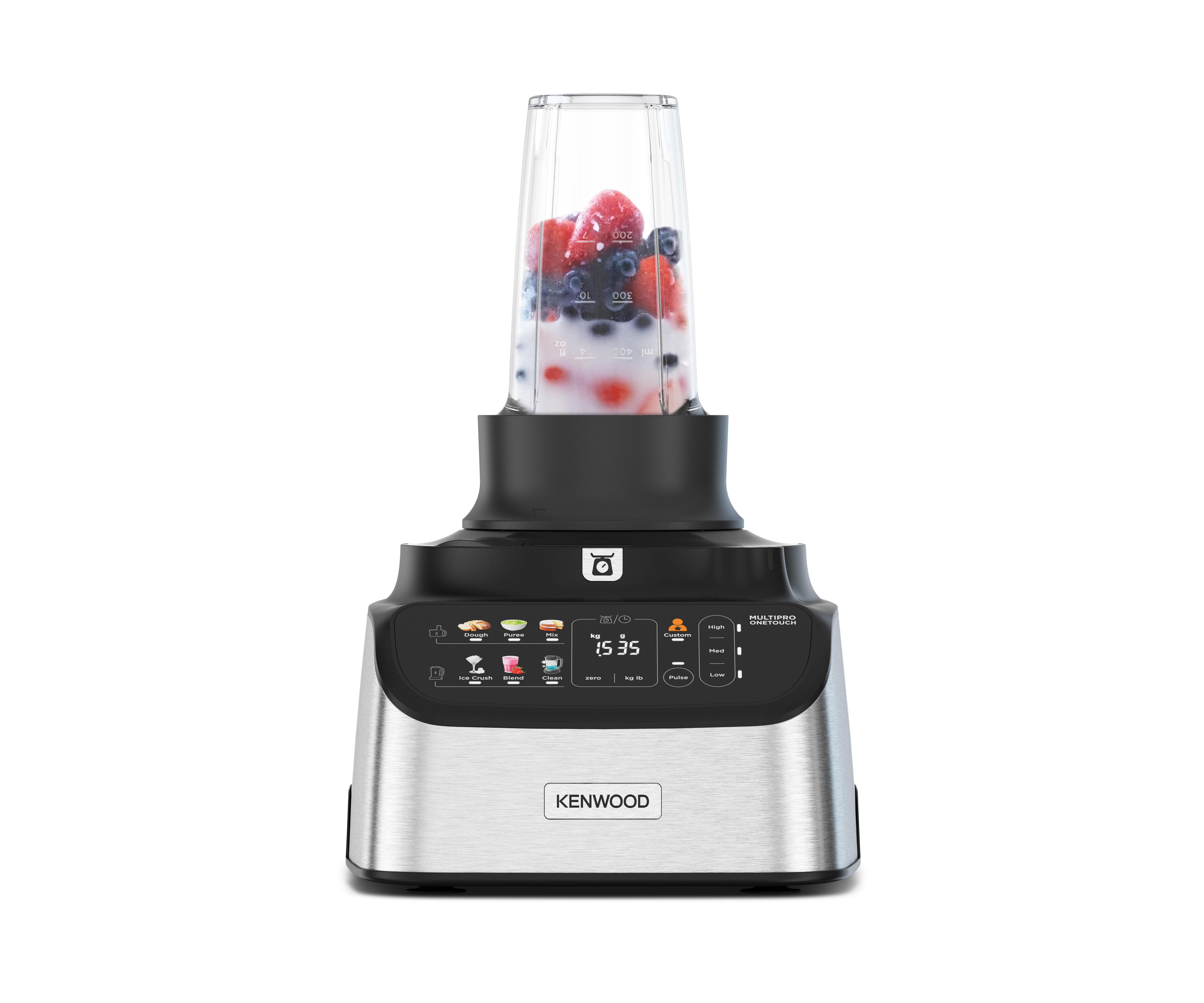 Mixer mit Zutaten: Beeren und Milch. Ein Display zeigt Einstellungen und Zeit.