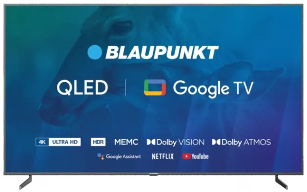 Telewizor Blaupunkt QLED Google TV. Funkcje: 4K Ultra HD, HDR, Dolby Vision, Dolby Atmos. Widoczne logo Netflix i YouTube.