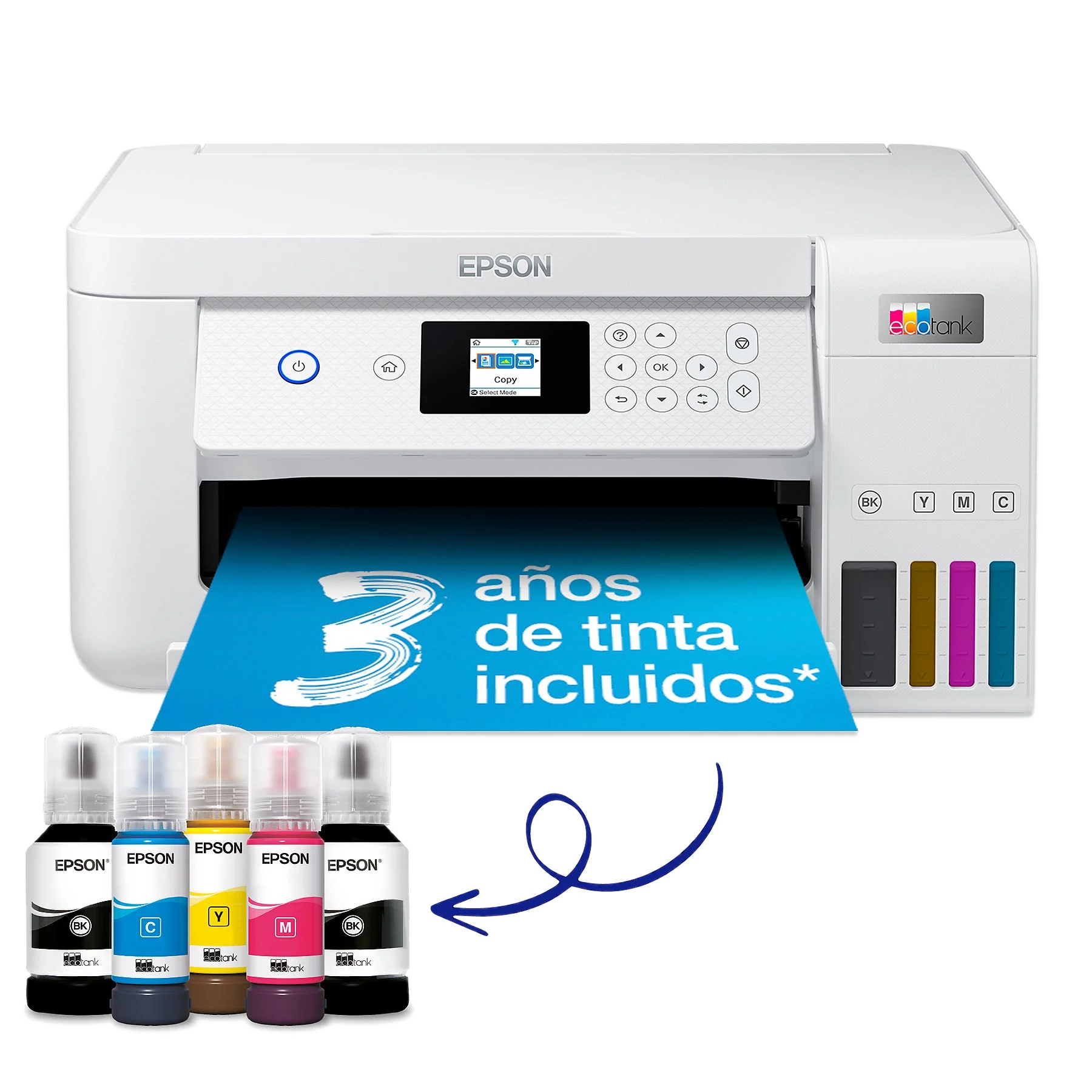 Impresora blanca con papel azul. Botellas de tinta al frente.