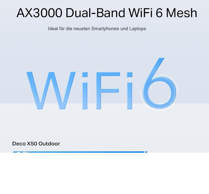 Werbung für AX3000 Dual-Band WiFi 6 Mesh, mit WiFi 6 Logo, auf hellblauem Hintergrund.