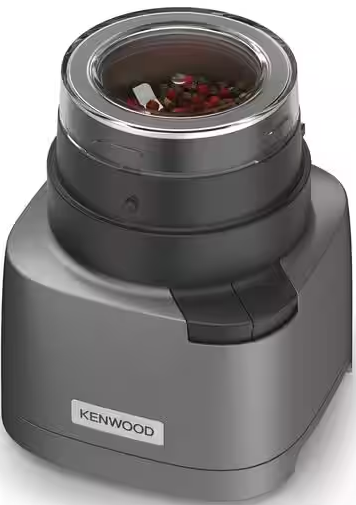 Ein grauer Kenwood-Lebensmittelzerkleinerer mit transparentem Deckel, gefüllt mit Zutaten.