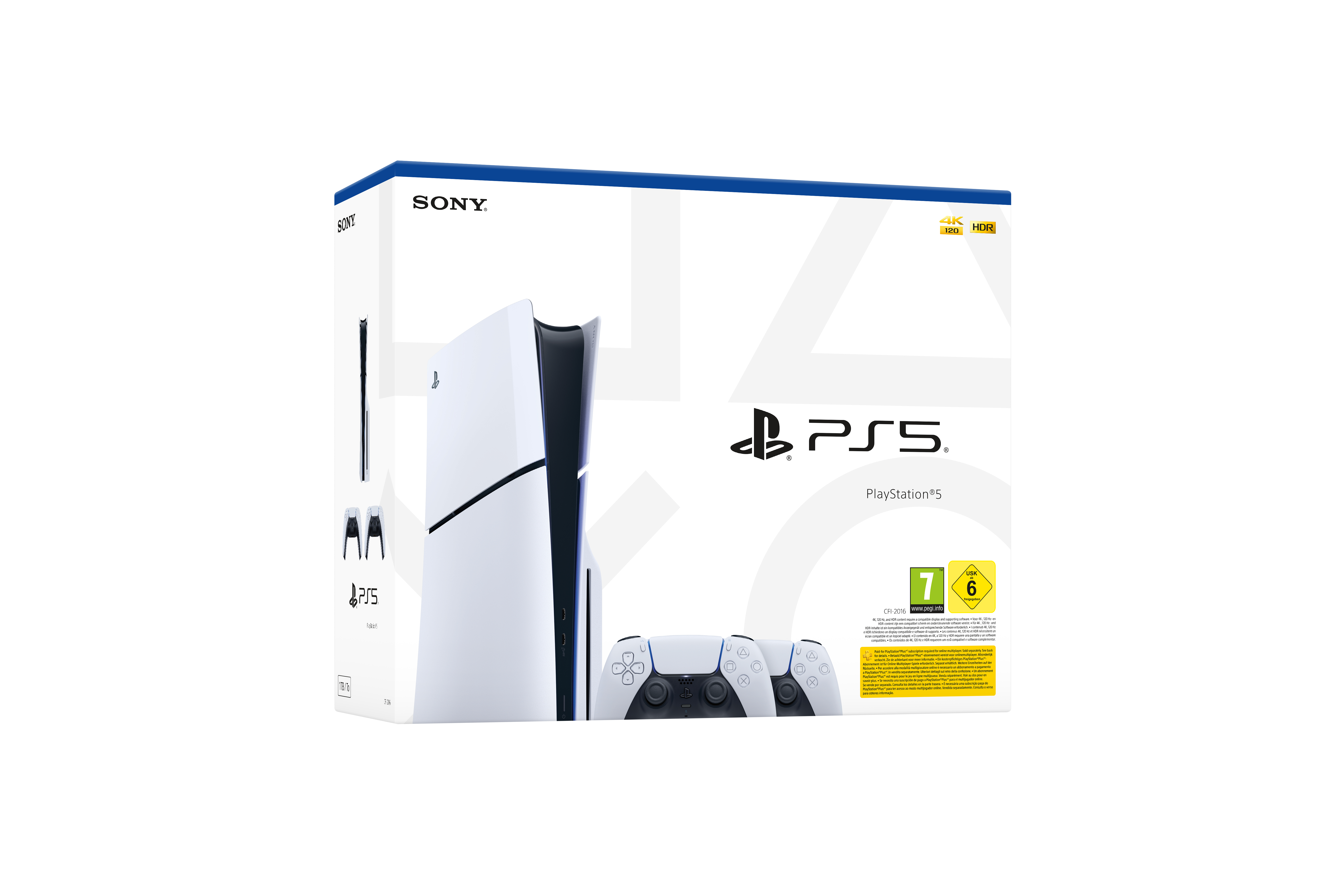 PlayStation 5 Konsole und ein Controller in der Originalverpackung, vor weißem Hintergrund.