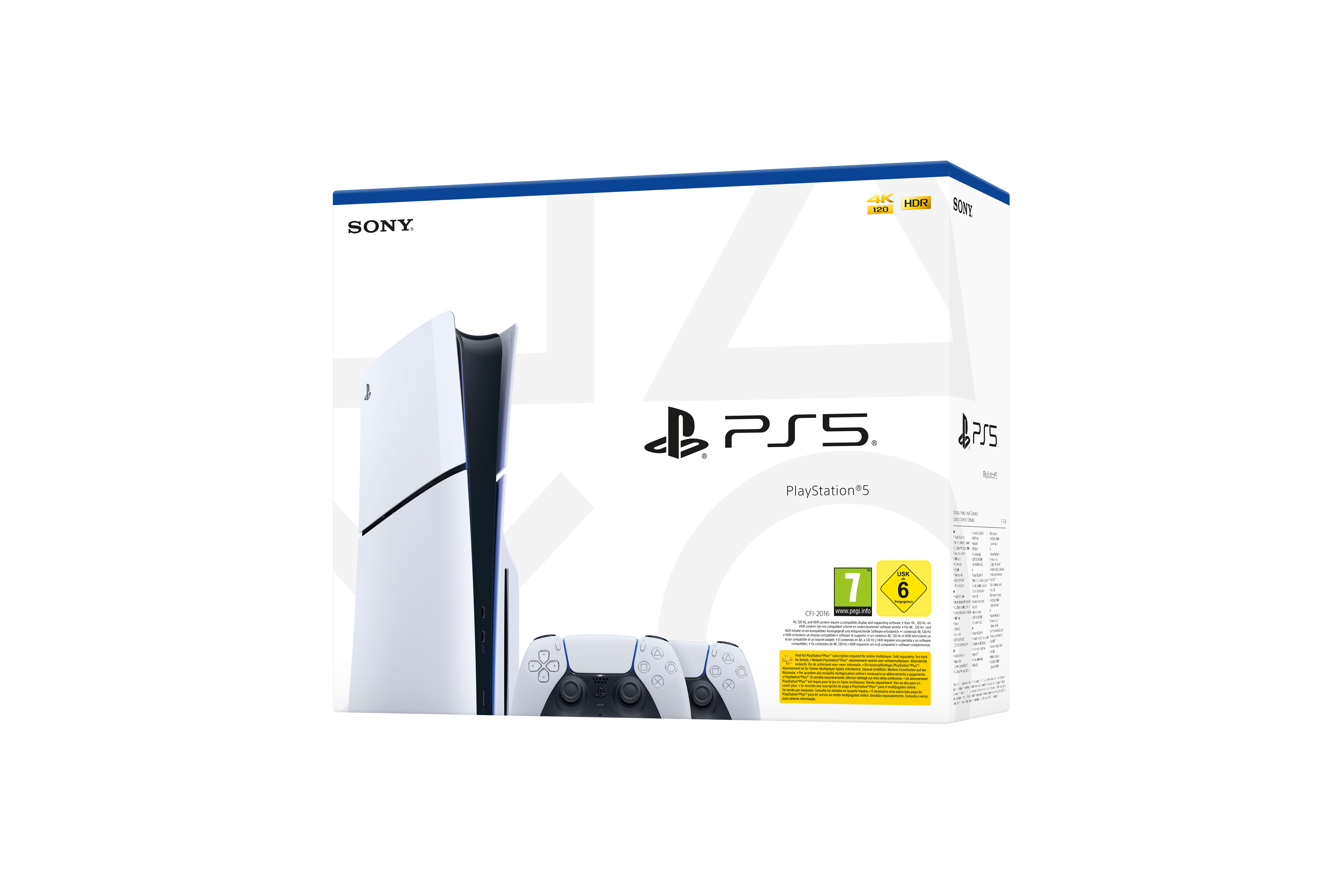 PlayStation 5-Box, Konsole, Controller auf weißem Hintergrund.