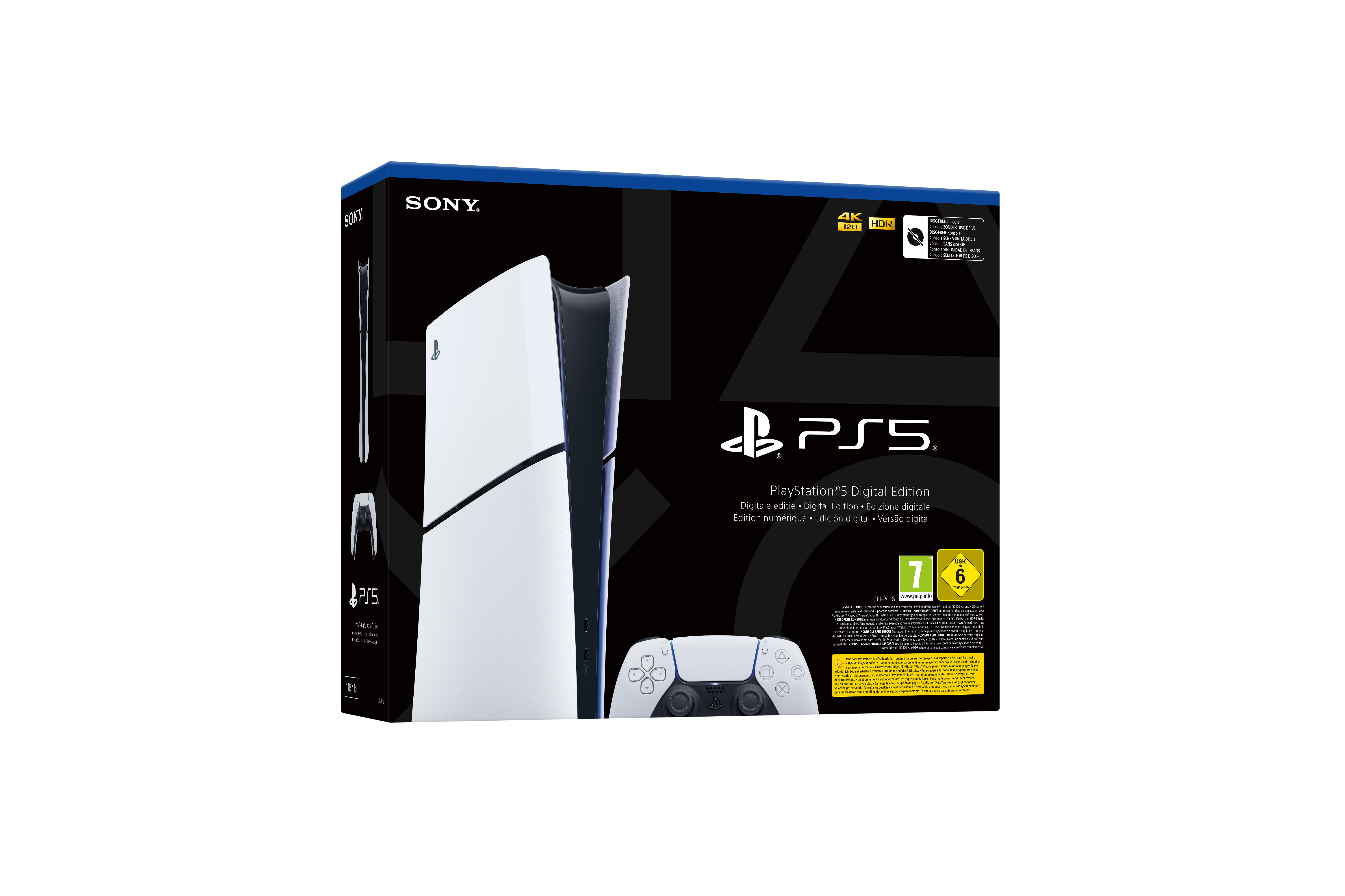 PlayStation 5 Box mit weißer Konsole und Controller, auf weißem Hintergrund.