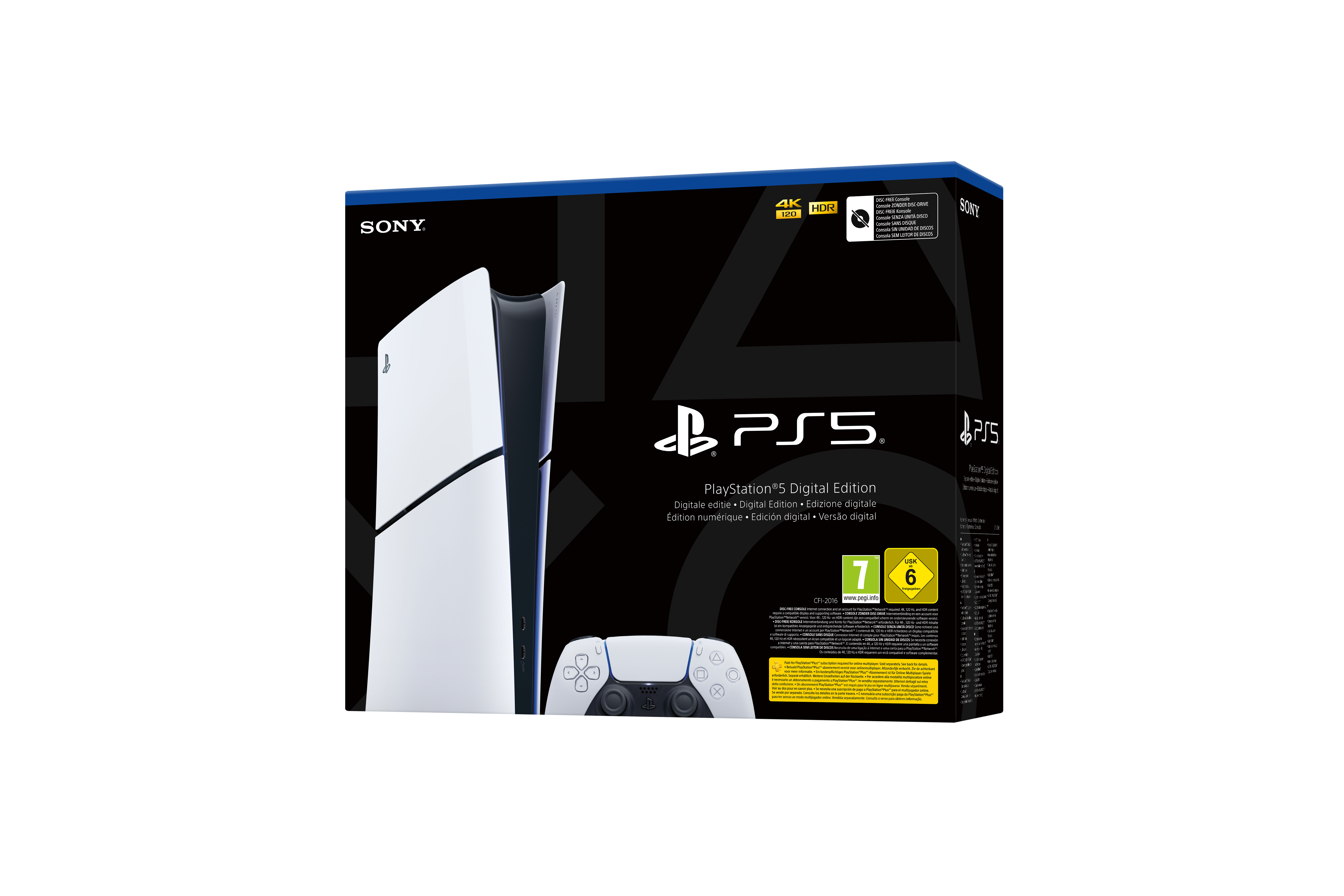 PS5-Konsolenbox mit sichtbarer Konsole und Controller.