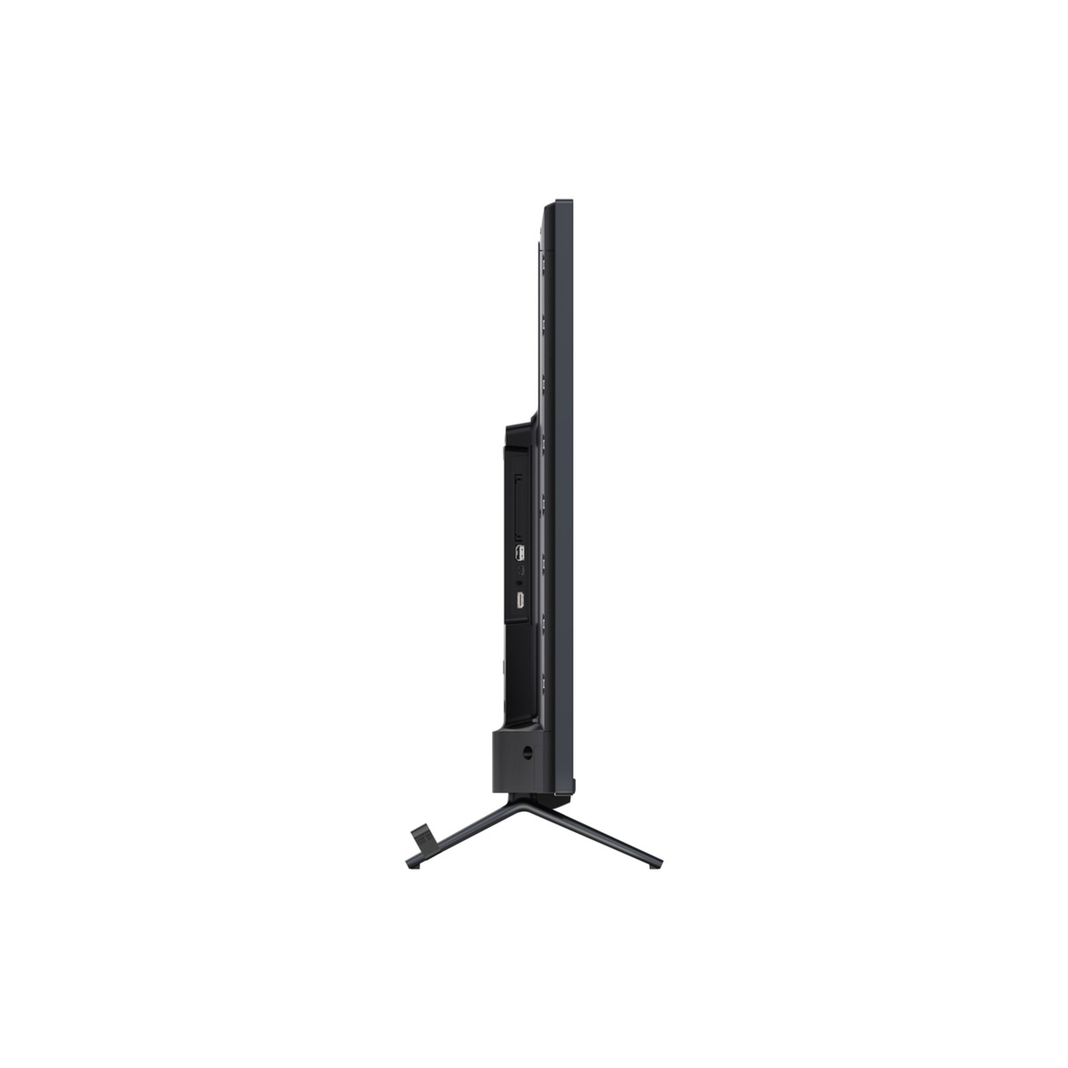 Een zijaanzicht van een zwarte tv met een standaard. De tv is dun en rechthoekig.