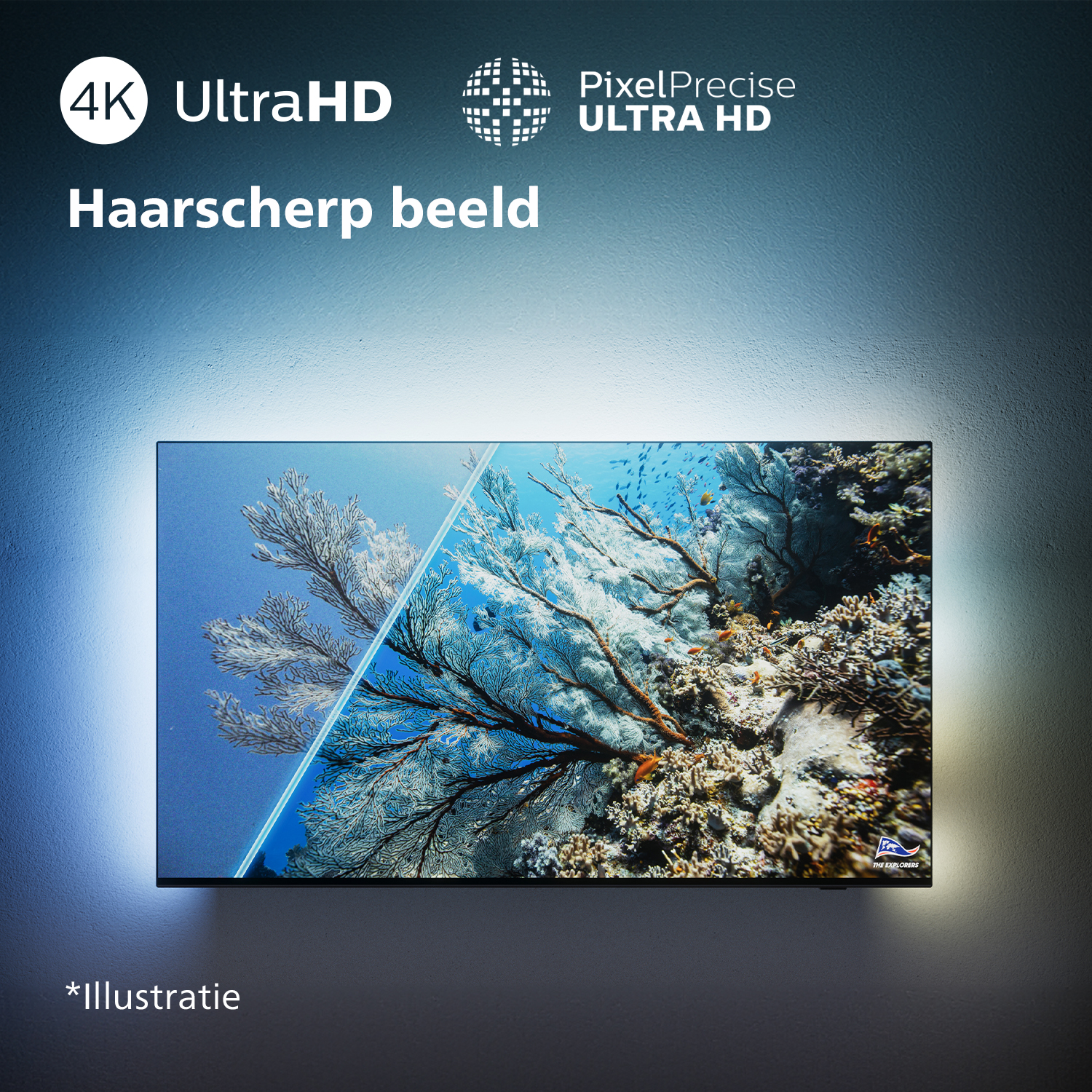 Een tv-scherm met een onderwaterkoraalscène, met tekst: 4K Ultra HD, PixelPrecise Ultra HD.