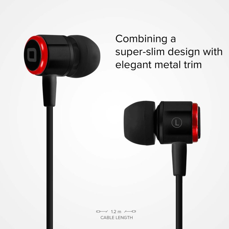 Dwa czarne słuchawki z czerwonymi obwódkami. Obecny jest również wskaźnik długości kabla.