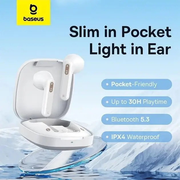 Beyaz Baseus kulaklıklar, şarj kutusunda, metinle: 'Slim in Pocket Light in Ear'.