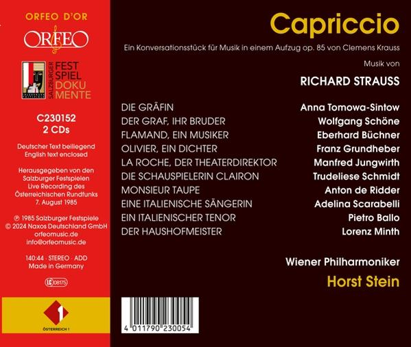 CD-Cover: Capriccio von Richard Strauss, mit Titelliste und Besetzung.