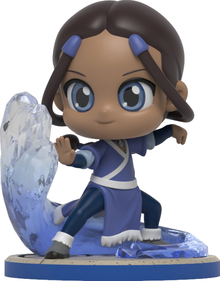 Figurine animée de Katara d'Avatar, avec pose de maîtrise de l'eau sur plateforme bleue.