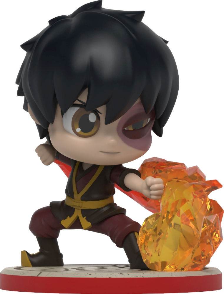 Figurine animée de Zuko avec du feu. Il est en position de combat avec du feu dans sa main. Fond blanc.