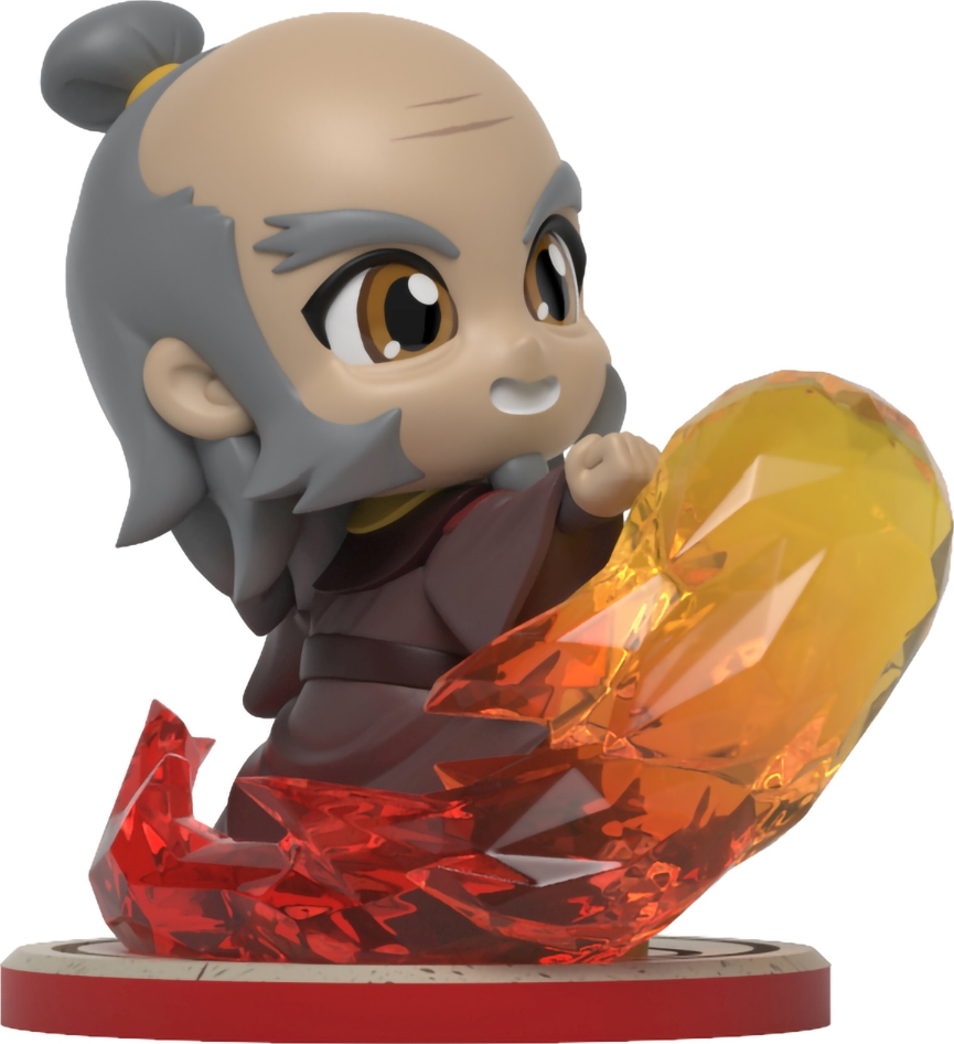 Une figurine d'un personnage de dessin animé tenant un affichage flamboyant, sur une base rouge. Le personnage sourit.