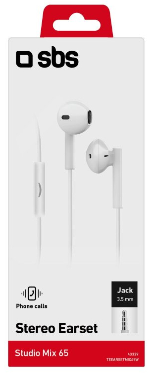 Białe słuchawki stereo z mikrofonem i wtyczką 3,5 mm, na białym tle, w opakowaniu.