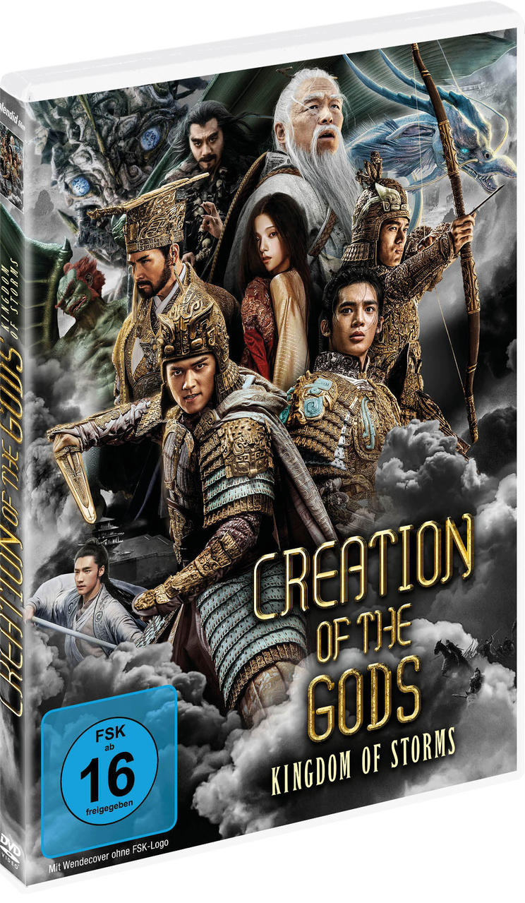 DVD-Hülle für 'Creation of the Gods: Kingdom of Storms' mit einer Gruppe von Schauspielern auf dem Cover.