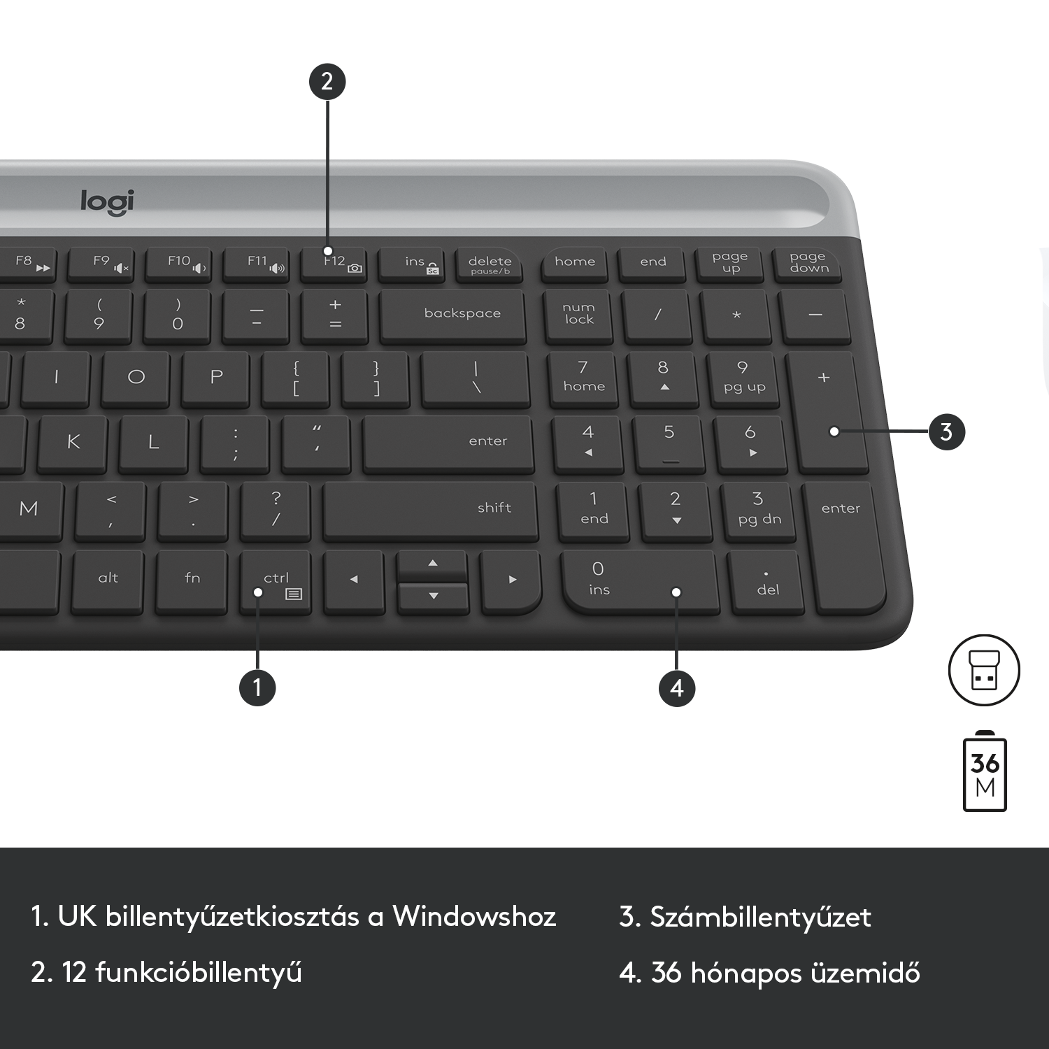 Közeli kép egy Logitech billentyűzetről feliratos gombokkal. Jellemzői a funkciógombok és a számbillentyűk.
