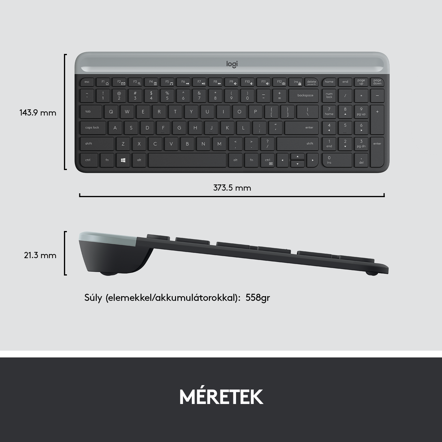 Billentyűzet méretekkel mm-ben. A 'logi' márka látható.
