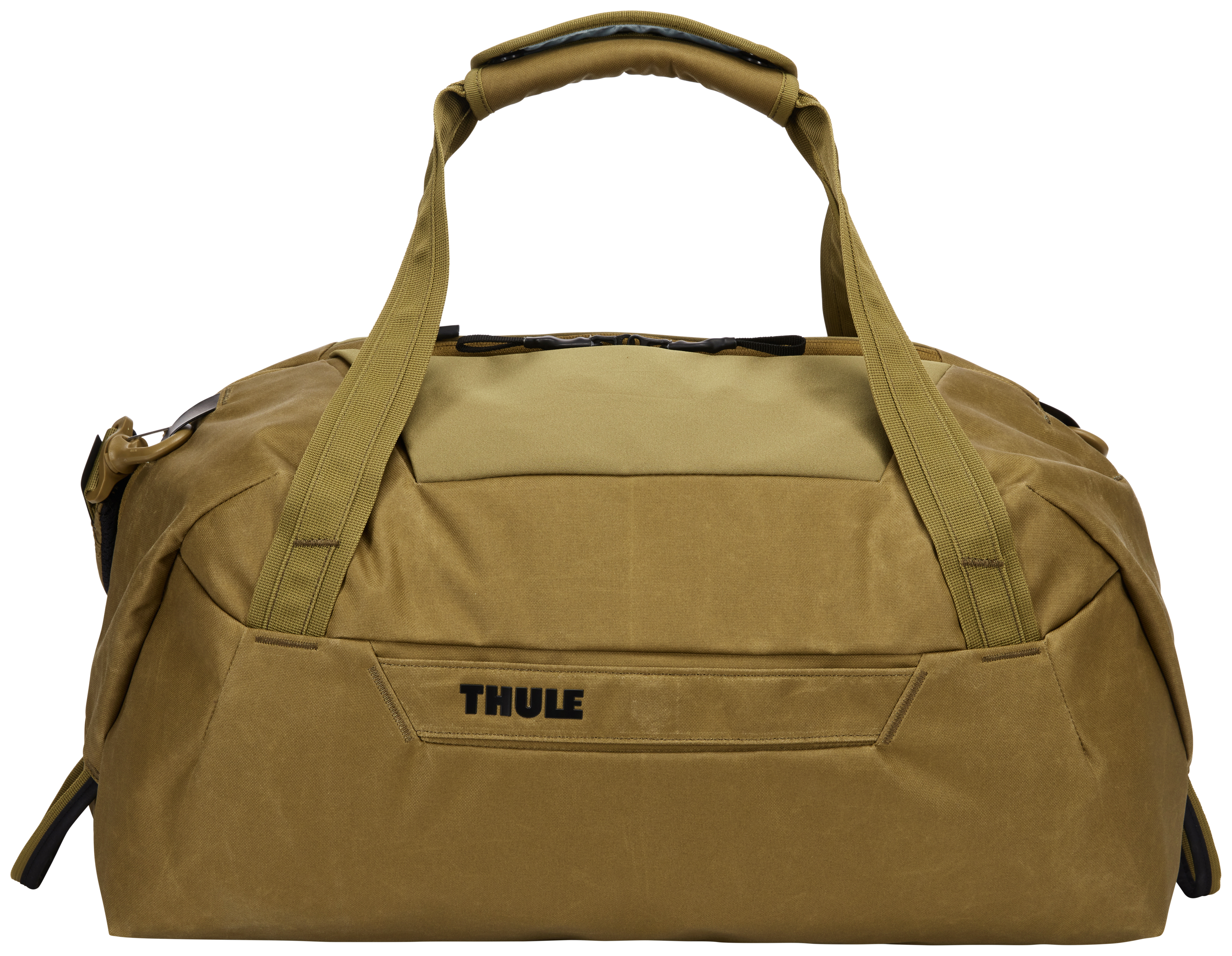 Sapları, omuz askıları ve Thule logosu olan büyük kahverengi spor çantası.