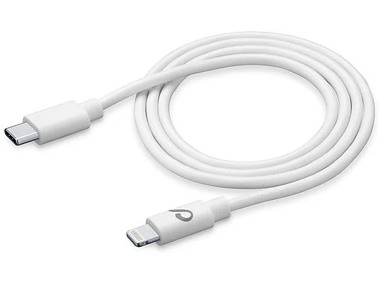 Un cable USB-C a Lightning blanco, enrollado y sobre una superficie blanca.