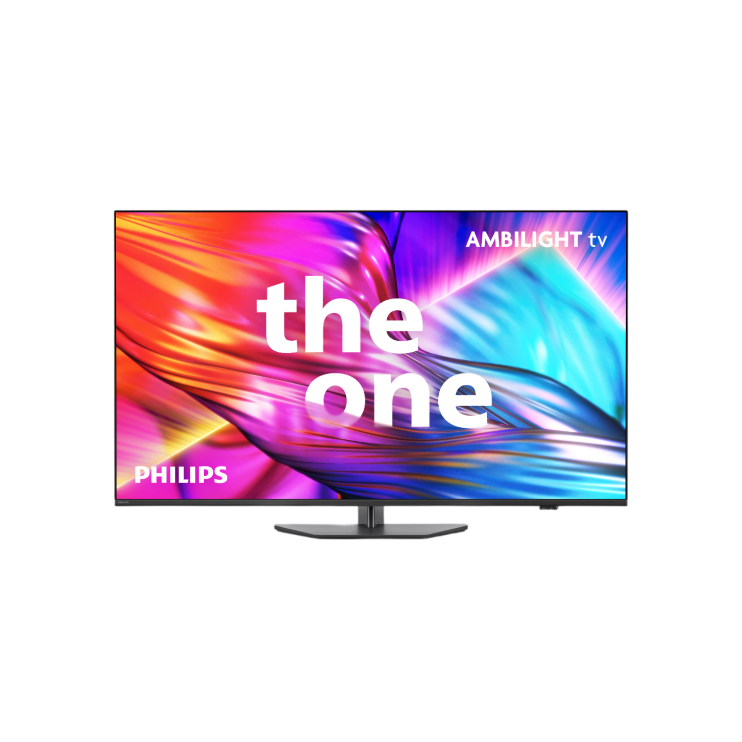 Zwart scherm TV, the one, met kleurrijke lichten. De TV heeft een standaard, Philips logo.
