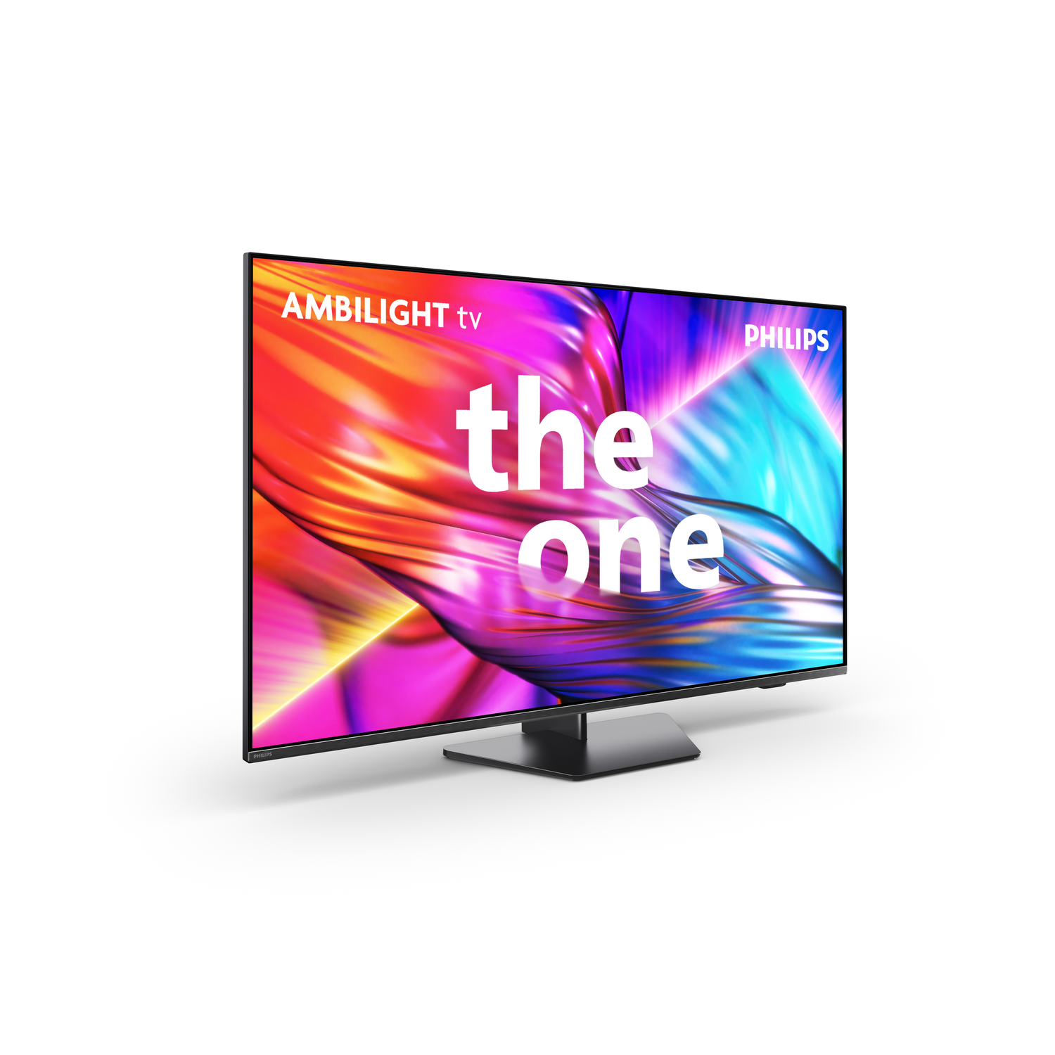 Een zwart tv-scherm toont kleurrijke beelden, met het woord 'the one' in het wit.