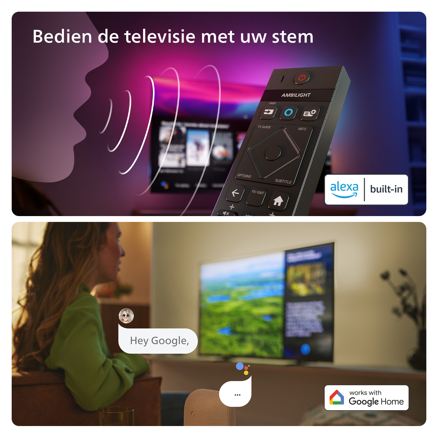 Een vrouw en een tv, illustratie van spraakbesturing, met tekst en afstandsbediening.