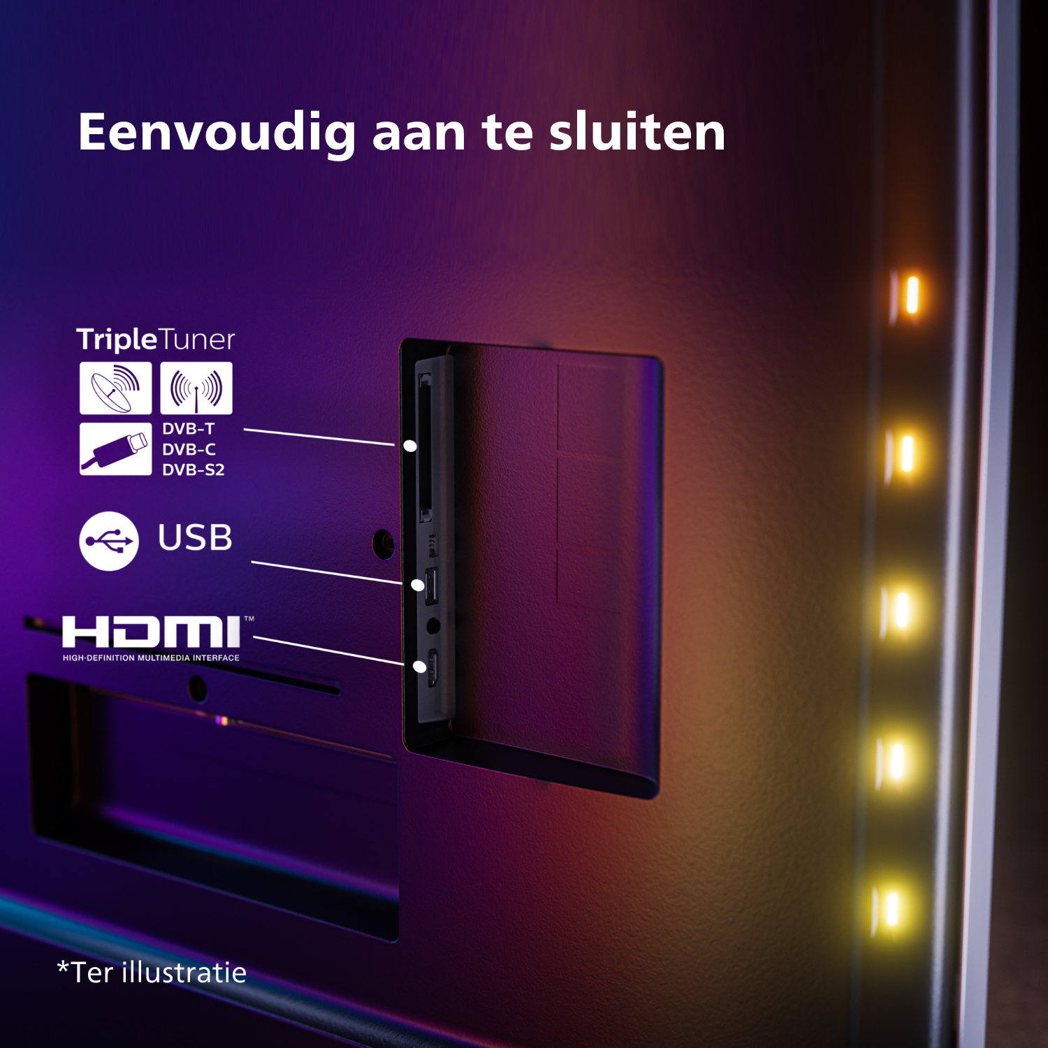 Close-up van tv-poorten, USB, HDMI en tuner-iconen zijn zichtbaar.