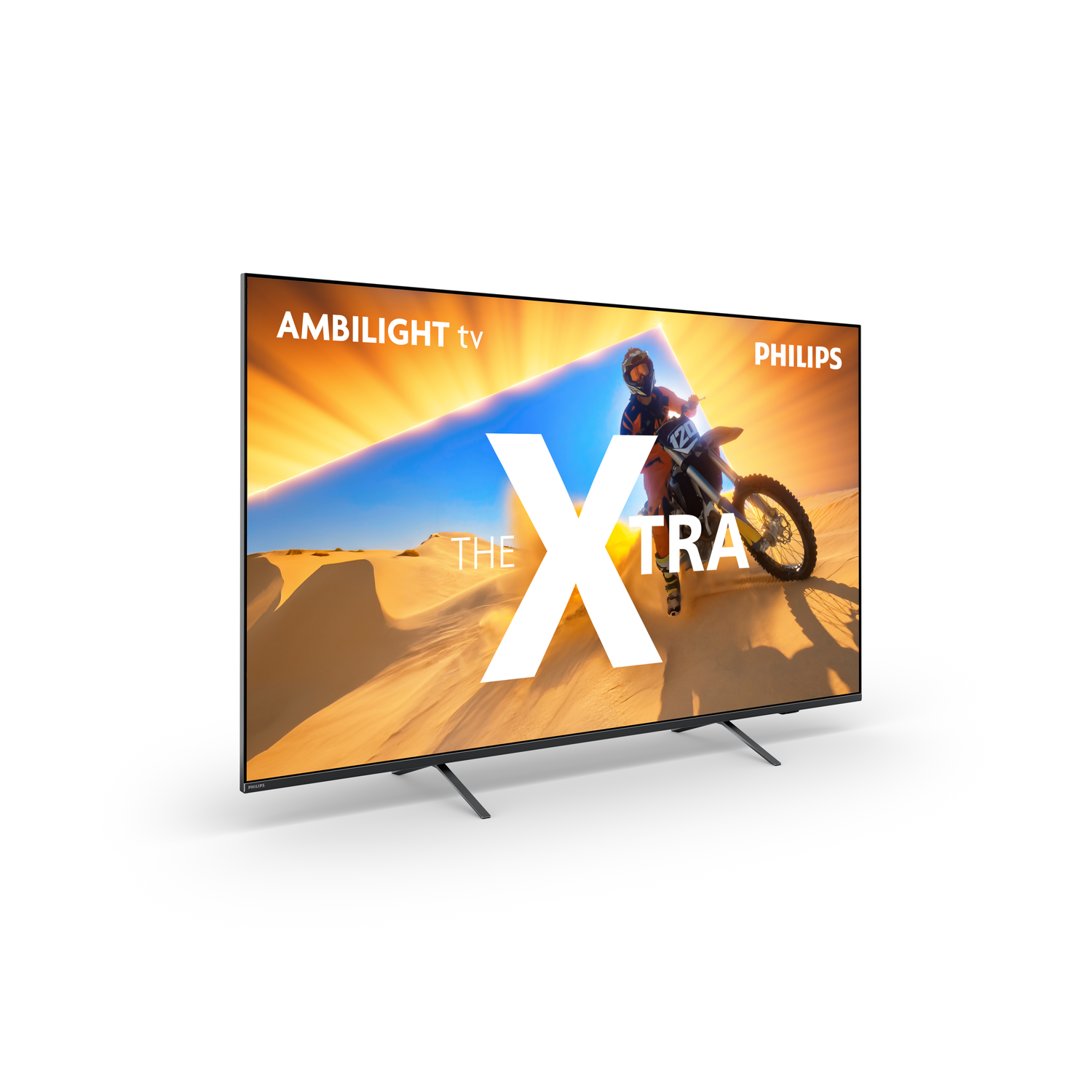 Een Philips TV met een crossmotorrijder die springt, met de woorden 'THE XTRA'.