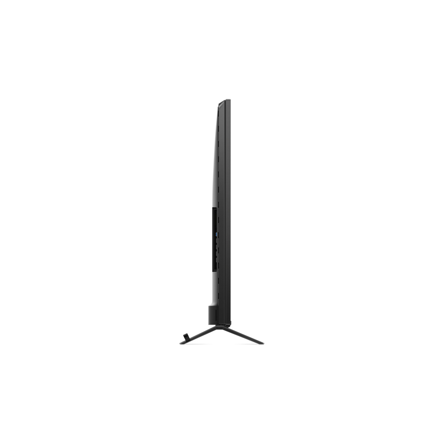 Zijaanzicht van een zwarte tv, met een standaard, geïsoleerd op een witte achtergrond.