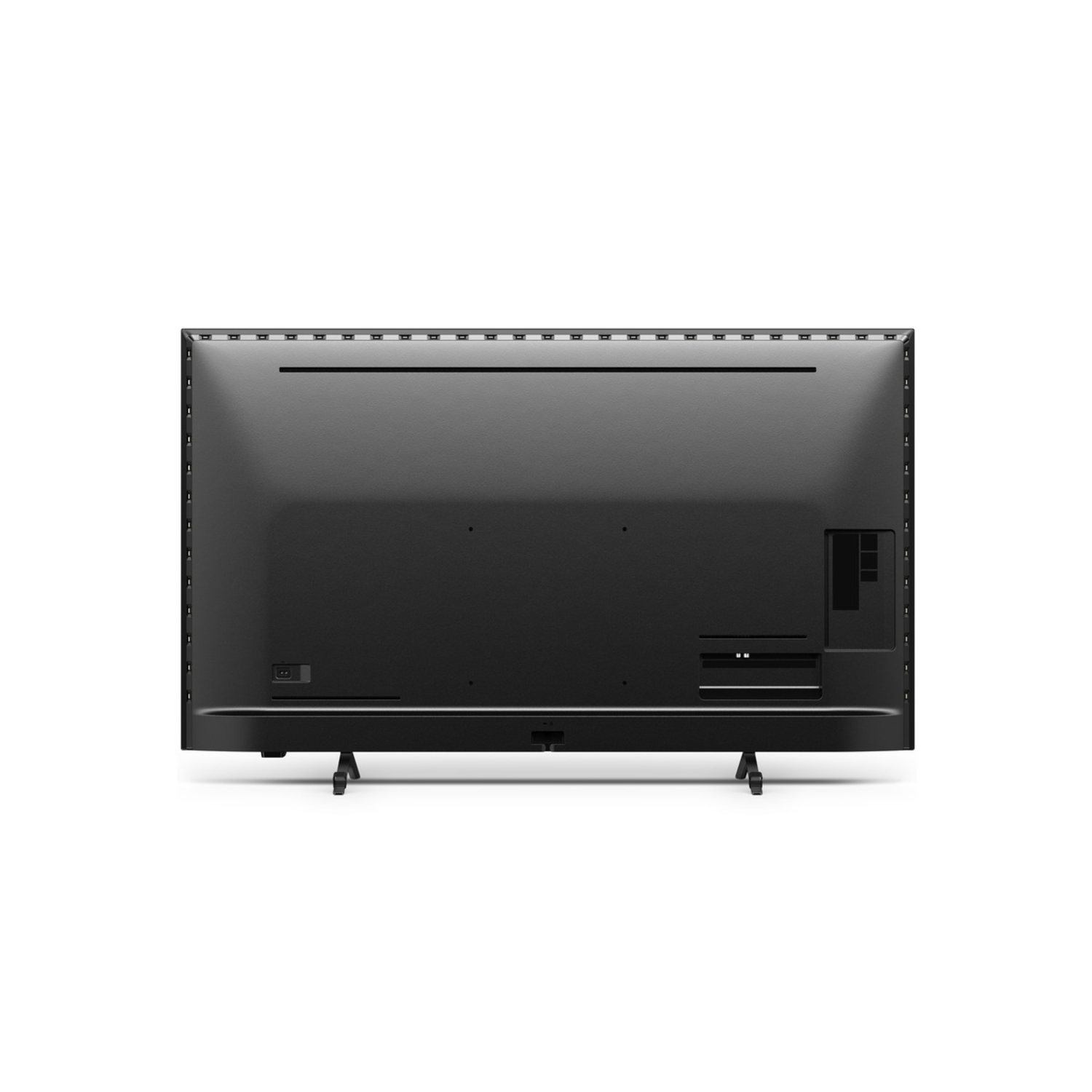 De achterkant van een zwarte Philips tv op poten, met poorten en aansluitingen zichtbaar.