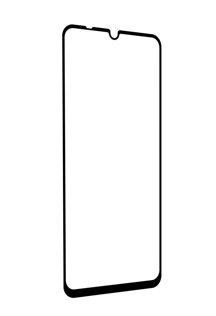 Ein klarer Displayschutz für das Telefon mit schwarzem Rahmen. Der Bildschirm ist leer und zeigt den Umriss.