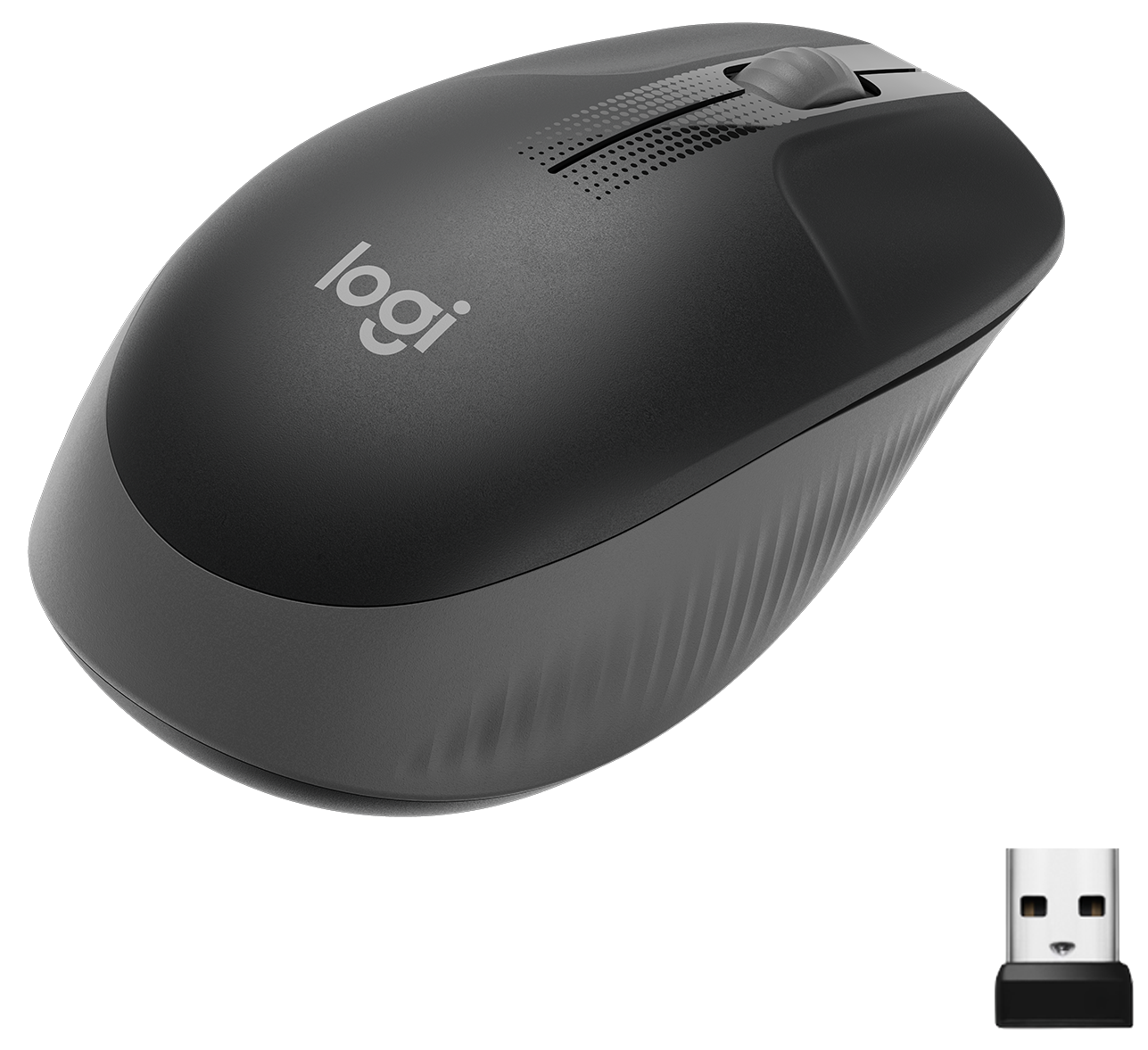 Fekete és szürke Logitech vezeték nélküli egér USB vevővel.
