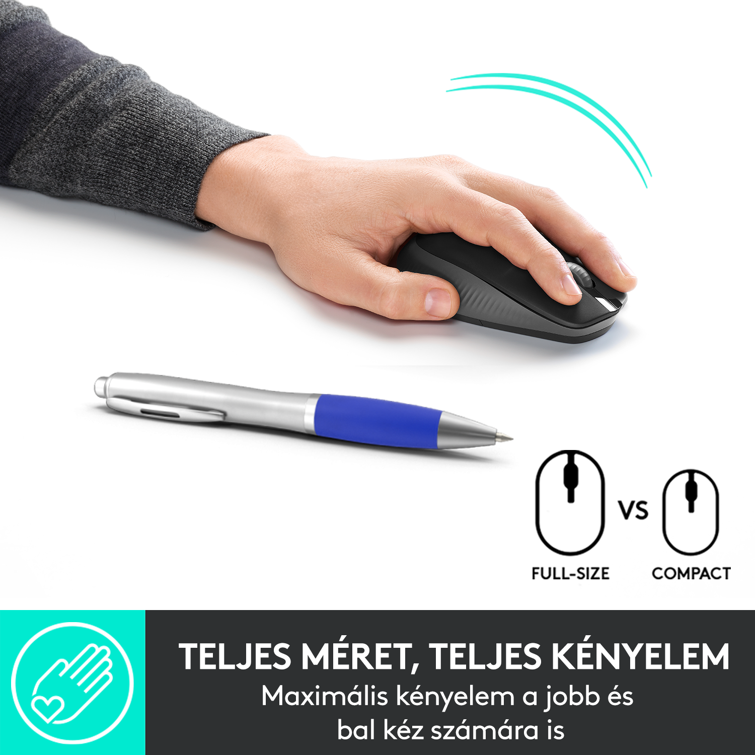 Egy kéz egérrel, tollal, és egy teljes méretű és kompakt egér összehasonlítása.